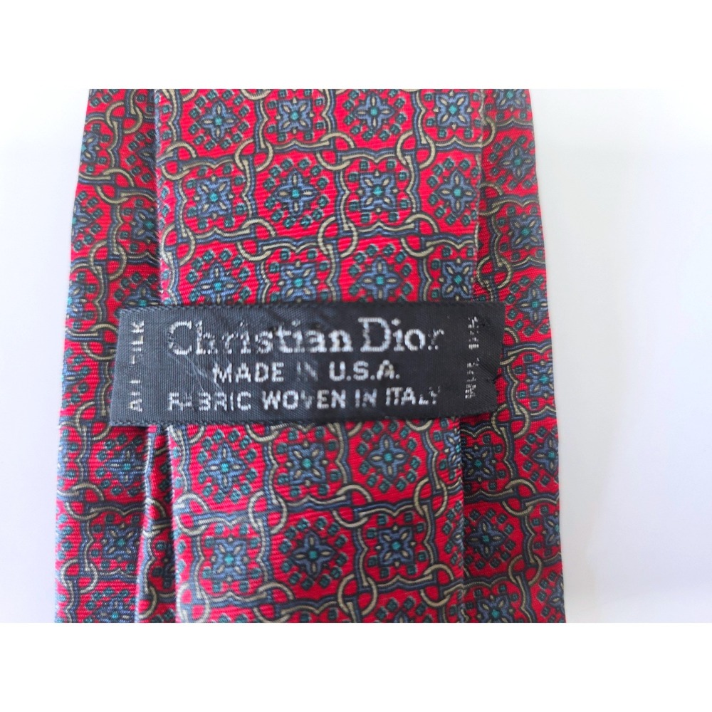 Christian Dior Mens Silk Tie Red Blue Geometric Medallion Woven in Italy USA - Picture 3 of 4